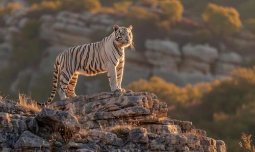 A-white-tiger-standing-tall-on-a-rocky-outcrop